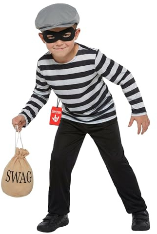 Fun Shack Disfraz Ladron Niño, Disfraz Atracador Halloween Niño, XL | Camiseta de Rayas, Pantalón, Gorra, Antifaz y Bolsa del Botín, Perfecto para Halloween, Ideal para Juegos de Rol