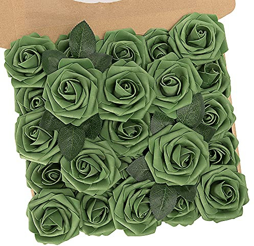 N&T NIETING Artificial Flowers Roses, 25pcs Real Touch Foam Roses with Stems for Wedding Bridal Bouquets, DIY Flowers Arrangement, Party, Baby Shower, Table Centerpieces Home Decoration, Sage Green