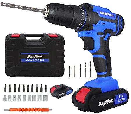 Akkuschrauber Akku Bohrmaschine 21V Professional Akku Bohrschrauber Set mit 2 Akku (1500mAh), LED-Licht, Drehmoment 45Nm, 26pcs Zubehör Bit