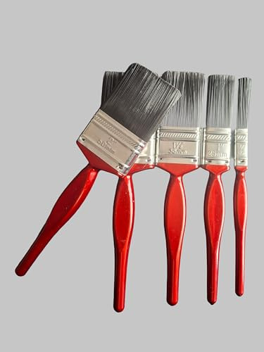 Red Wood with Synthetic Bristles Paint Brushes, Pack of 5 - Assorted Sizes, Ideal for Home Painting & Decorating Tasks