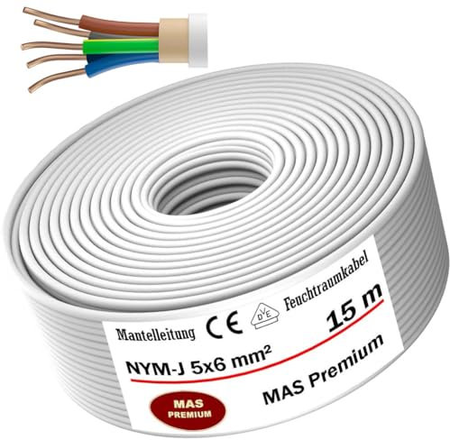 Cable de alimentación Mas-Premium® para ambientes húmedos con cable eléctrico para instalación por encima y por debajo de yeso en ambientes secos y húmedos fabricado en Alemania (NYM-J 5x6mm² 15m)