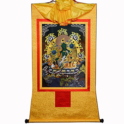 Gandhanra Thangka Tibetische Wandbehang,Grüne Tara Thangka,Heißgeprägter Buddha Wandteppich für Zen Wohnkultur, Meditation, Spirituelle Entspannung und Ruhe