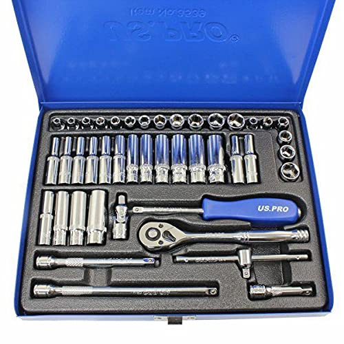43pc 1/4'' dr Metric & AF, Imperial Socket Set, Ratchet, Bars US Pro