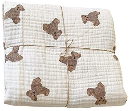 Yissone Baby Muslin Blanket, Toddler Bear Print Dual Layer Cotton Yarn Blanket, Stroller Blanket (90 * 130CM)
