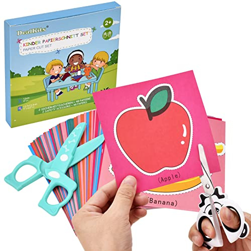 DealKits Lot de 2 paires de ciseaux pour enfants (1 PVC + 1 lame en acier inoxydable) + 48 feuilles de papier - Kit d'activités amusantes pour la maternelle - Jouet éducatif pour enfants à partir de 3