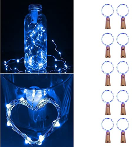 Flaschenlichter mit Kork, 10 Stück, 2 m, 20 LEDs, Weinflaschenlichter, wasserdicht, silberfarbener Draht, Flaschenlichterkette für Weihnachten, Hochzeit, Party, Mason Jar Dekoration, Blau