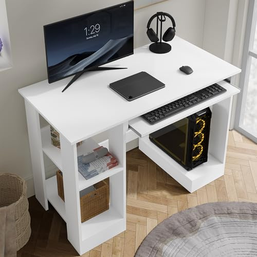 Blisswood White Computer Desk, Small Office Desk with Storage Shelves and Sliding Keyboard Tray, Writing Study Desk for Home Office, PC Gaming Workstation, Space Saving Corner Desk, 100 x 55 x 75cm