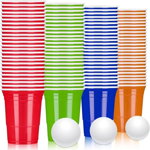 LATERN 100 Pezzi Bicchieri di Plastica Riutilizzabili, 360ml Tazze da Birra-Pong con 25 Coppe Rosse, 25 Coppa Blu, 25 Coppa Verde, 25 Coppa Arancione, 10 Giochi Palline da Ping Pong per Gioco Festa