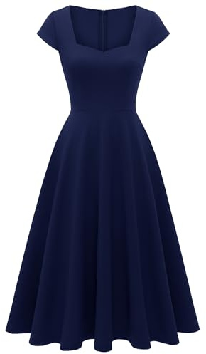 Berylove - Vestido de cóctel elegante para mujer, estilo rockabilly, con escote en corazón, midi, vintage, para la noche, azul marino, XXL