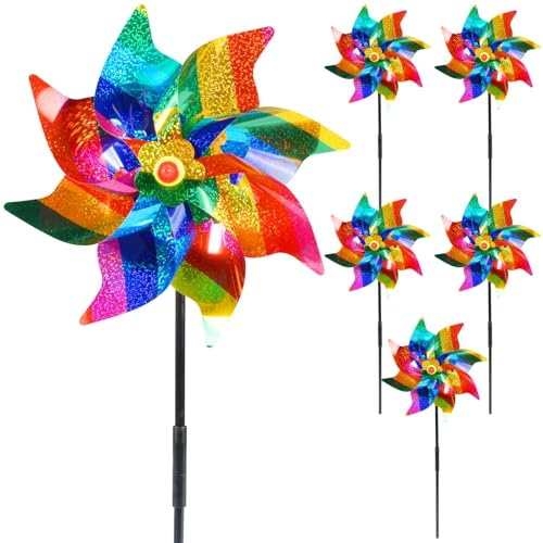 5 Stück Taubenabwehr Windrad, Bunte Windräder, Reflektierende Windräder, Gestreifte Farbe Dekorationen für Hof, Rasen, Balkon, Obstgarten (Bunte Streifen)