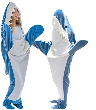 JTBDWOSK Hai Decke für Erwachsene, Superweicher Sofa Kuscheldecke Hai Decke Schlafsack, Flanelldecke Mit Kapuze für Cosplay-Shows, Cartoon Pyjama Partys,Blau,XL