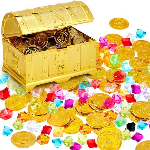 Hestya Schatztruhe Kindergeburtstag Schatzkiste Kinder Goldmünzen Piratenschatz Set mit 50 Piraten Goldmünzen und 50 Edelsteinen für Weihnachtsparty Geschenke Schatzsuche Kindergeburtstag