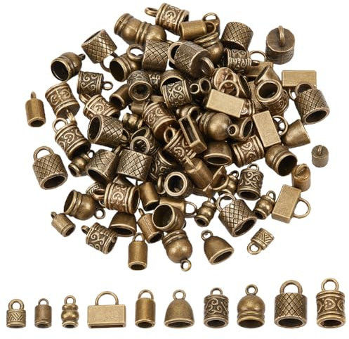 PH PandaHall 120pcs Kordel Endkappen 10 Styles Perlen Endkappen Tibetische Legierung Rohr Barrel Ende Spitze Gewinde Cord Caps Seil Endkappen Abdeckungen für Halsketten Schmuckherstellung