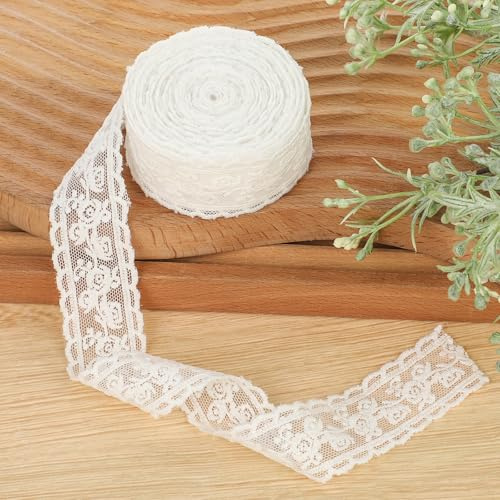 Spitzenband Weiss Beige Vintage 3cm 4,5m Spitzenborte Spitzenbesatz | Zartes Weißes Blumenband Geschenkband Spitze-Borten Weiss Spitzenborte fur DIY Unterwäsche Handwerk Geschenkband