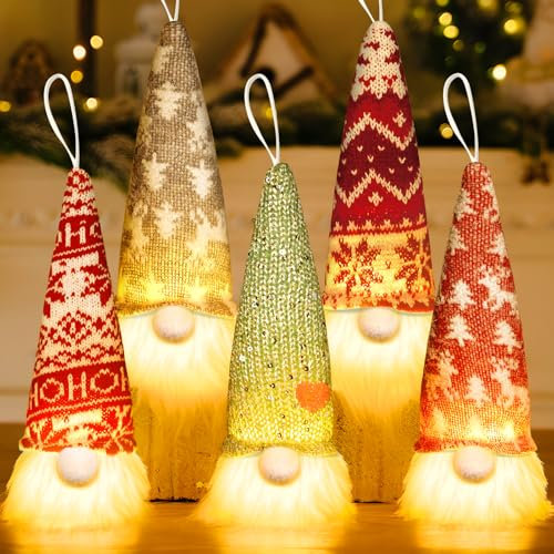 MWZEAUL Wichtel Figuren Kiein, 5 Stück Schwedischen Weihnachtswichtel mit Beleuchtet LED, Weihnachten Deko Wichtel Weihnachtsdeko Wollmütze Handgemachte, Weihnachtsbaum Dekoration Geschenk Kinder