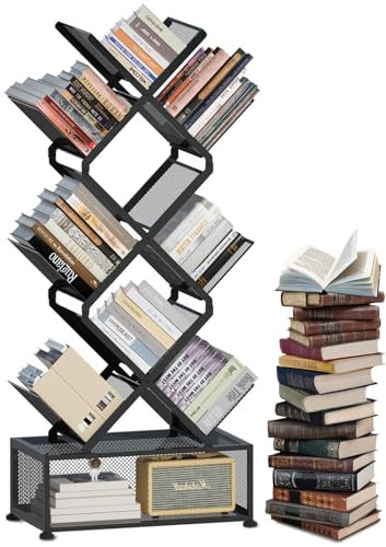 HI NINGER Bücherregal, 9-stöckiges Bücherregal Baumform, Faltbares Eck-Bookshelf mit Stauraum für Bücher, Zeitschriften und CDs – für Wohnzimmer, Zuhause und Büro (Schwarz, 9 Etagen)