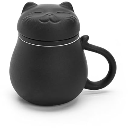 Jarsense Ceramic Tea Cup with Infuser and Lid, 400ML Tea Mug with Lucky Cat Design for Steeping Loose Leaf Suitable for Home Office (Black)