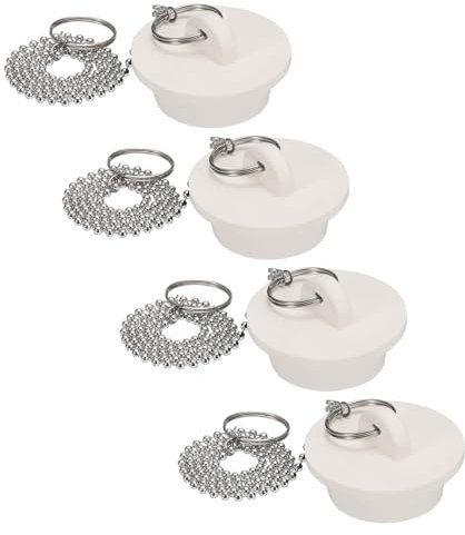 QUARKZMAN 4 Piezas Tapones para Bañera Goma 1-3/8 Tapón de Desagüe de Fregadero de Cocina con Anilla de Extracción y Cadena de Cuentas de Acero Inoxidable de 15 Blanco