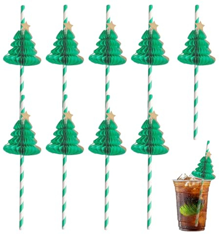 30pcs Christmas Paper Straws - 3D Honeycomb Tree Green Cocktail Straws for Xmas Party Drinking, Table Decorations, Home Bar Crafts DIY - Biodegradable