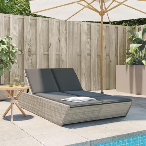 Somanki Doppel-Sonnenliege mit Kissen Hellgrau Poly Rattan, Gartenliege, Liegestuhl, Sonnenstuhl, Sonneninsel Outdoor, Liegen, Gartenmöbel, Bäderliege, Relaxliege - 368184