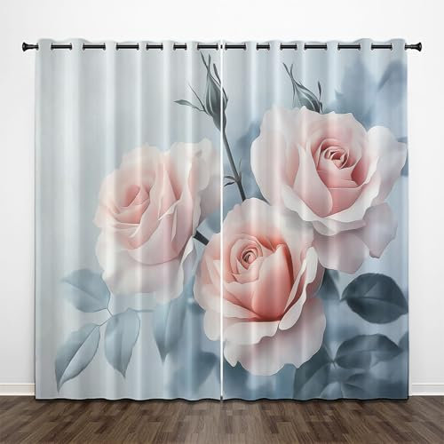 Blackout Curtains Bedroom, Pink Rose Super Soft Eyelet Thermal Insulated Curtains, Plant Blackout Blackout Curtains for Living Room 46x54 Inch Blue 2 Panels