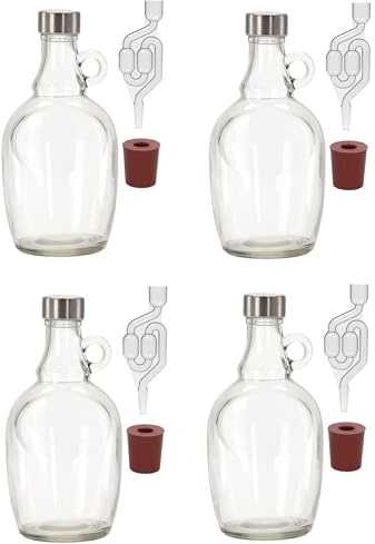 lilawelt24 4X 1L Gärballon mit rundem Griff Rundgriff Flasche +Gummistopfen + Gärröhrchen Set Set Weinballon Gärbehälter brauen Wein Machen Glasgärballon Fermentierglas (4X)