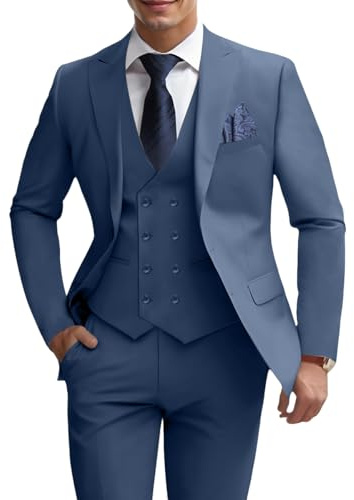 3Piece Suit for Men Wedding Suit Business Suits Set Double Breasted Solid Jacket Vest Pants Tuxedo Grey Blue S