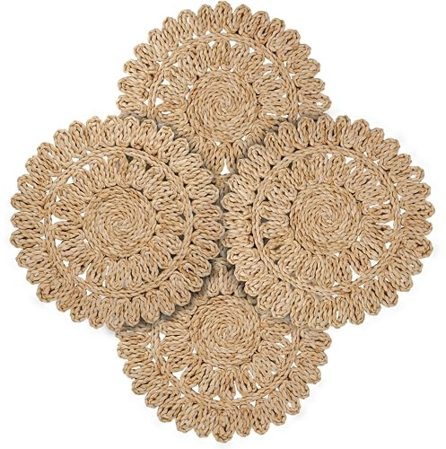 11.8 Corn Husk Woven Round Placemats Set of 4 - Wicker Boho Farmhouse Placemats - Rattan Table Mats Like Water Hyacinth for Dining Table, Wedding, Home