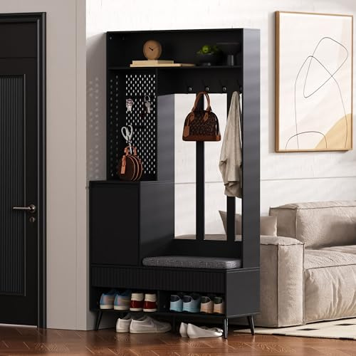 Moimhear Set Appendiabiti Da Parete, Set Appendiabiti Da Corridoio Con Scarpiera, Set Appendiabiti Con 4 Appendiabiti, Due Cassetti E 1 Porta, 100x35x180cm (Nero)