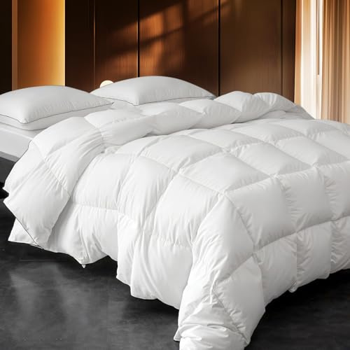Down Fibers Comforter Queen Size,Luxurious All Seasons Hotel Collection Duvet Insert,54 Oz High Bulkiness Medium Warmth,Fluffy & Breathable for Bedroom, Guestroom, Hotel (White,90x90)