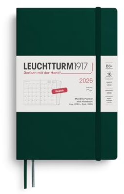 LEUCHTTURM1917 372794 månadsplanerare och anteckningsbok pocket (B6+) 2026, 16 månader, mjukt skydd, skogsgrön, engelsk