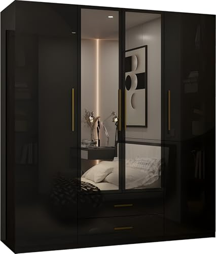 FURNITUREWAVE Verona High Gloss 4 Door Hinged Wardrobe with Mirrors, Shelves, Hanging Rail and Drawers | White, Black & Grey (Black, 160cm)