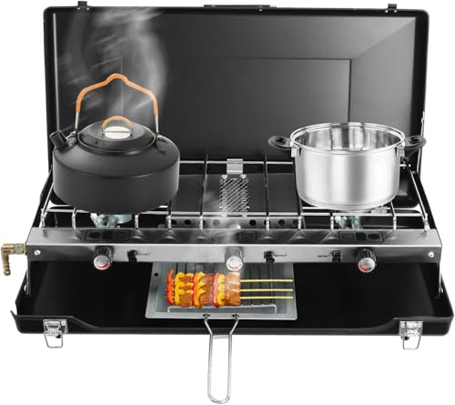 Campingkocher 3 Flammen klappbar, Gaskocher leistungsstark 4,5 kW, tragbarer 3 Flammenkocher mit Piezo-Zündung & Windschutz für Camping, BBQ, Picknick, inklusive stabilem Tragegriff, Schwarz