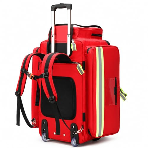 Notfall-Rucksack mit abnehmbarem Trolley, großes Fassungsvermögen, Traumatasche mit Fächern für Zuhause, Gesundheit, Krankenschwestern, Ärzte (rot)