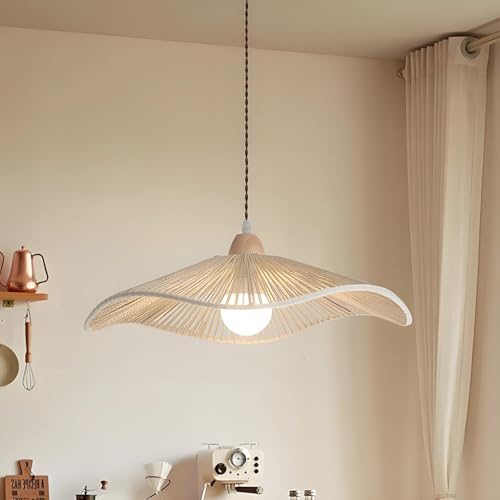 NOCHX Wabisabi Retro Lampadario da Soffitto Giapponese Legno Colore A Mano Tessuto Canapa Corda Lampadario Stile Bohemian Regolabile Altezza Ristorante Bar Sospensione Luce(Natural Wood Color,42cm)