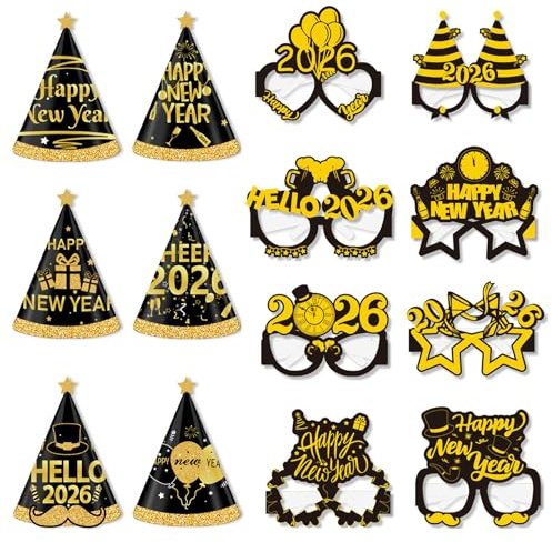 Silvester Deko 2026 Party Set, 14 Stück Happy New Year Brille Hut, Schwarz Gold Partyhüte Silvester Brille, Lustige Silvesterdeko Foto Requisiten, für Neujahr Deko Silvesterparty Fotobox Accessoires
