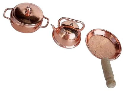 Pocoiau Set Utensili in Metallo per Cucina in Miniatura 1/12 Inclusa Padella E Casseruola con Lavorazione Dettagliata Utensili da Cucina per Case delle Bambole in Legno E Metallo