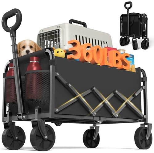 Chariot à roulettes Pliable 160KG 120L – Tout Terrain 360° avec Poignée Réglable, Structure en Acier Robuste et Toile Imperméable, Idéal pour Camping, Jardin, Plage et Courses, Noir