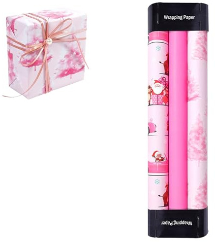 3Pcs Geschenkpapier Weihnachten/Neujahr/Geburtstag Rolle, Gift Wrapping Paper Verschiedene Muster 3mx43cm Weihnachtsgeschenkpapier für Kinder, Weihnachts Geschenkpapier, Party, Pink Wrapping Paper