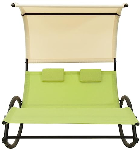 Genérico Tumbona Doble con toldo textilene Verde y Crema,Mobiliario,Muebles de jardín,Asientos de Exterior,Tumbonas,Verde,28.8 kg,310550