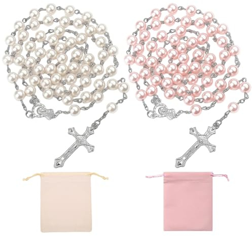Fealkira Rosenkranz Kette Katholisch Set, 2er Gebetskette mit Kreuz, Rosa und Beige Rosenkranz mit Samttasche, für Gebet Meditation Kommunion, Geeignet für Frauen Männer und Gläubige