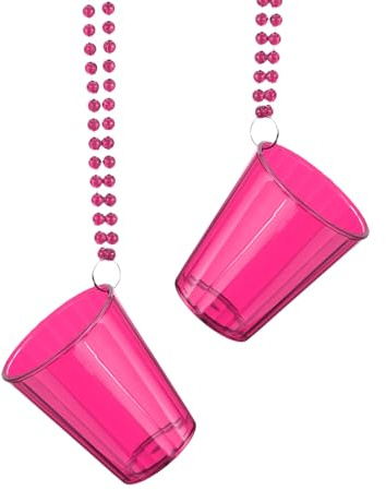 sourcing map 2 Pcs 2 oz Shot Glass Necklaces for Party Accessories,Pink | Shot Cups on Beaded Necklace, Plastic Glass Cups Bead Chain Striped for Favors Birthday Wedding Festival