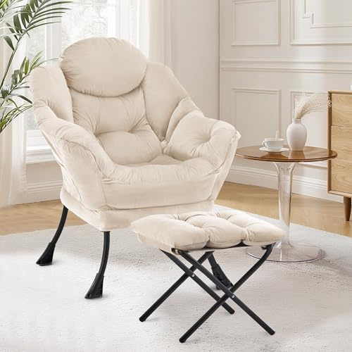 XH.Easy Go Lazy Chair with Ottoman, Accent Lounge Reading Arm Chair with Footstool, Leisure Armchair for Living Room Bedroom Comfy Chair with Footrest, Side Pocket, Beige