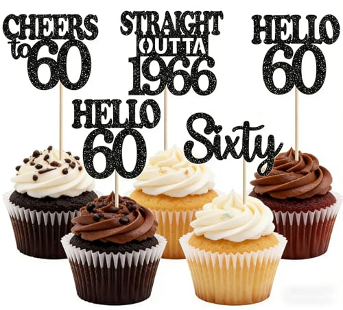 60th Birthday Cake Topper - Vintage Non-Edible Durable Cupcake Decorations Set of 8 for 60 Years Old Celebration Party Supplies