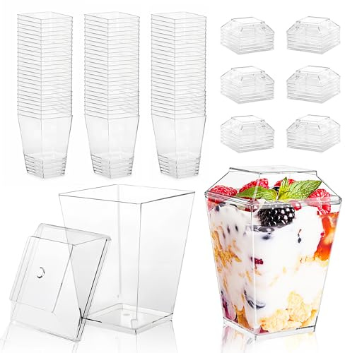 LucyStudio Transparentes Vasos de Postre con Tapas 30 Piezas Reutilizables Cuadrados Tazas de Pudín de Plástico 5oz 160ml Mini Duro Vasitos Aperitivos Copas de Postre para Mousse Tiramisú