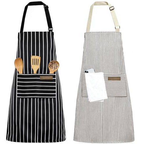 Valyrane 2 Unidades Delantal de Cocina para Mujer Ajustable con Bolsillos de Algodón para Cocinar, Pintar, Hornear, Hacer Tareas Domésticas, Blanco y Negro