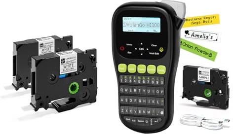 VolenGo H1100 Etikettiergerät mit 3 Tapes– & Etikettendrucker mit Qwert Tastatur, LCD-Hintergrundbeleuchtung und Selbstklebendem Label (12 mm). Portable Beschriftungsgerät Handgerät für Heim und Büro