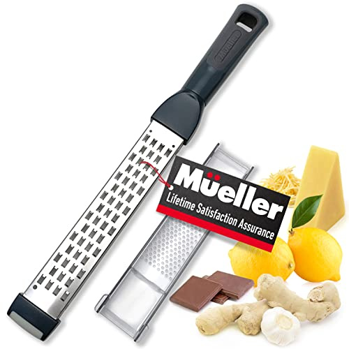 Mueller Ultra Bi-Directional Citrus Zester & Cheese Grater — Parmesan Cheese Lemon, Ginger, Garlic, Nutmeg, Chocolate, Vegetables, Fruits – 18/10 Razor-Sharp Stainless Steel Blade Wide Dishwasher Safe