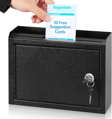 KYODOLED Suggestion Box with Lock and Slot, Small Locking Mailbox for Office, Wall Mount Safe Money/Key Drop Box with 50 Free Suggestion Cards, 9.8 W x 3 D x 7 H, Black