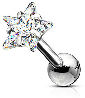beyoutifulthings 1 Knorpel Ohr-stecker Zirkonia Clear 3/4mm Stern Cartilage Labret Piercing Tragus viele Farben Edelstahl Schraub-Verschluss Steg 6mm